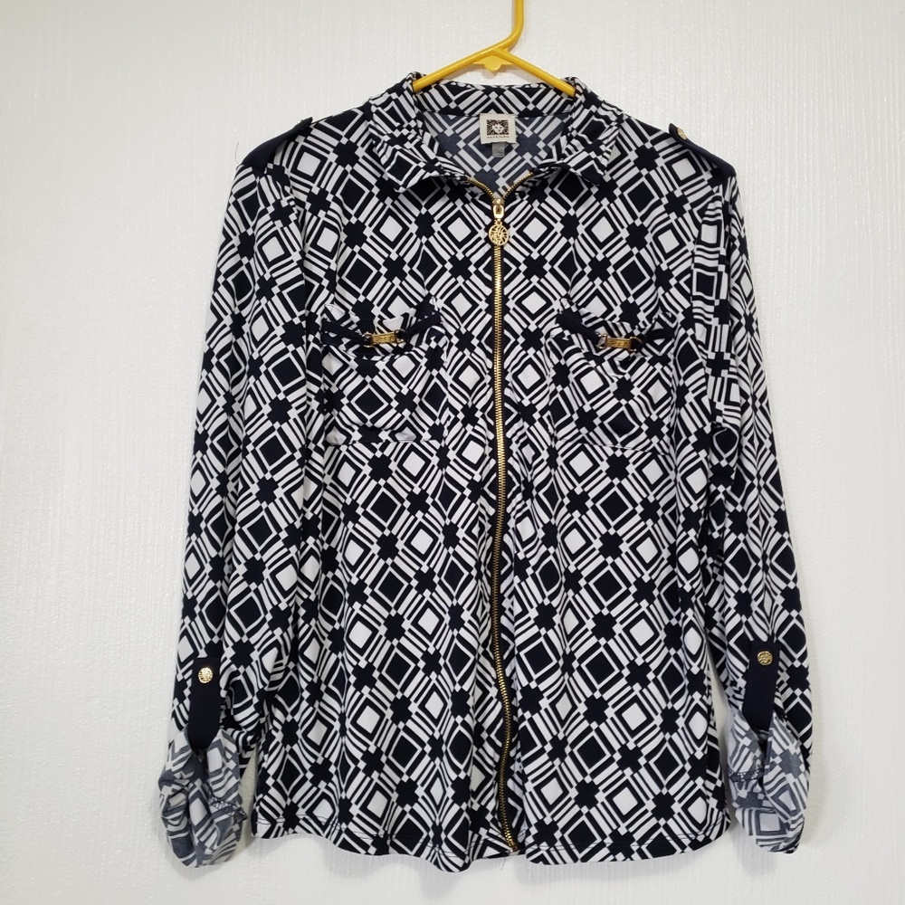 Anne Klein | Blue and white zip-up blouse